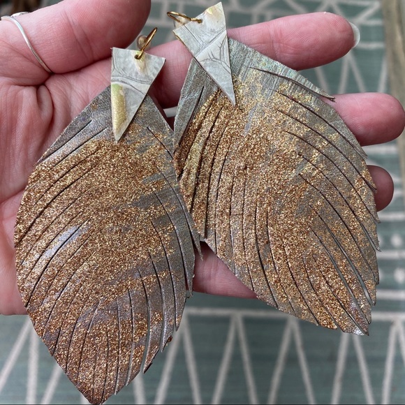 Leather Feather Drop Earrings - Picture 5 of 8